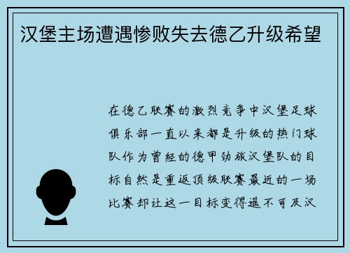 汉堡主场遭遇惨败失去德乙升级希望