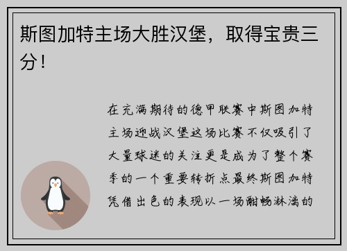 斯图加特主场大胜汉堡，取得宝贵三分！